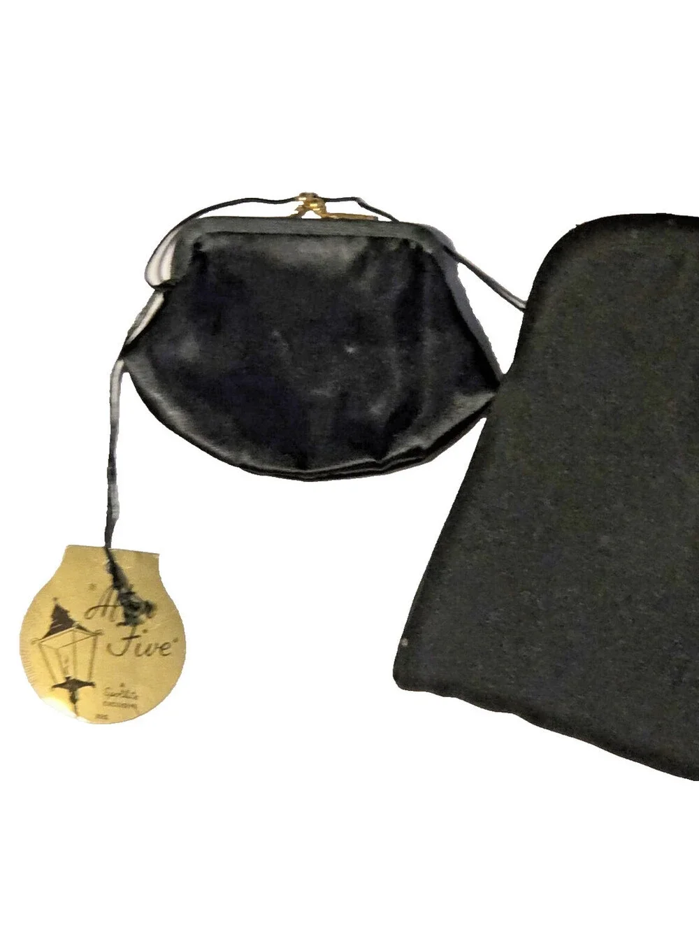 Vintage After Five Lowy & Mund Black Satin 50s/60s Clutch Coin Purse Tag Attach